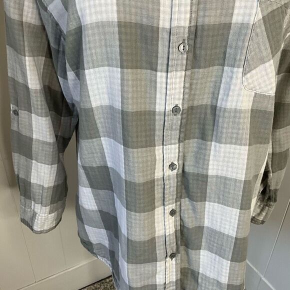 Womens Size XL Button Front Shirt Gray White Check Pattern Long Sleeve Collared - Picture 4 of 13
